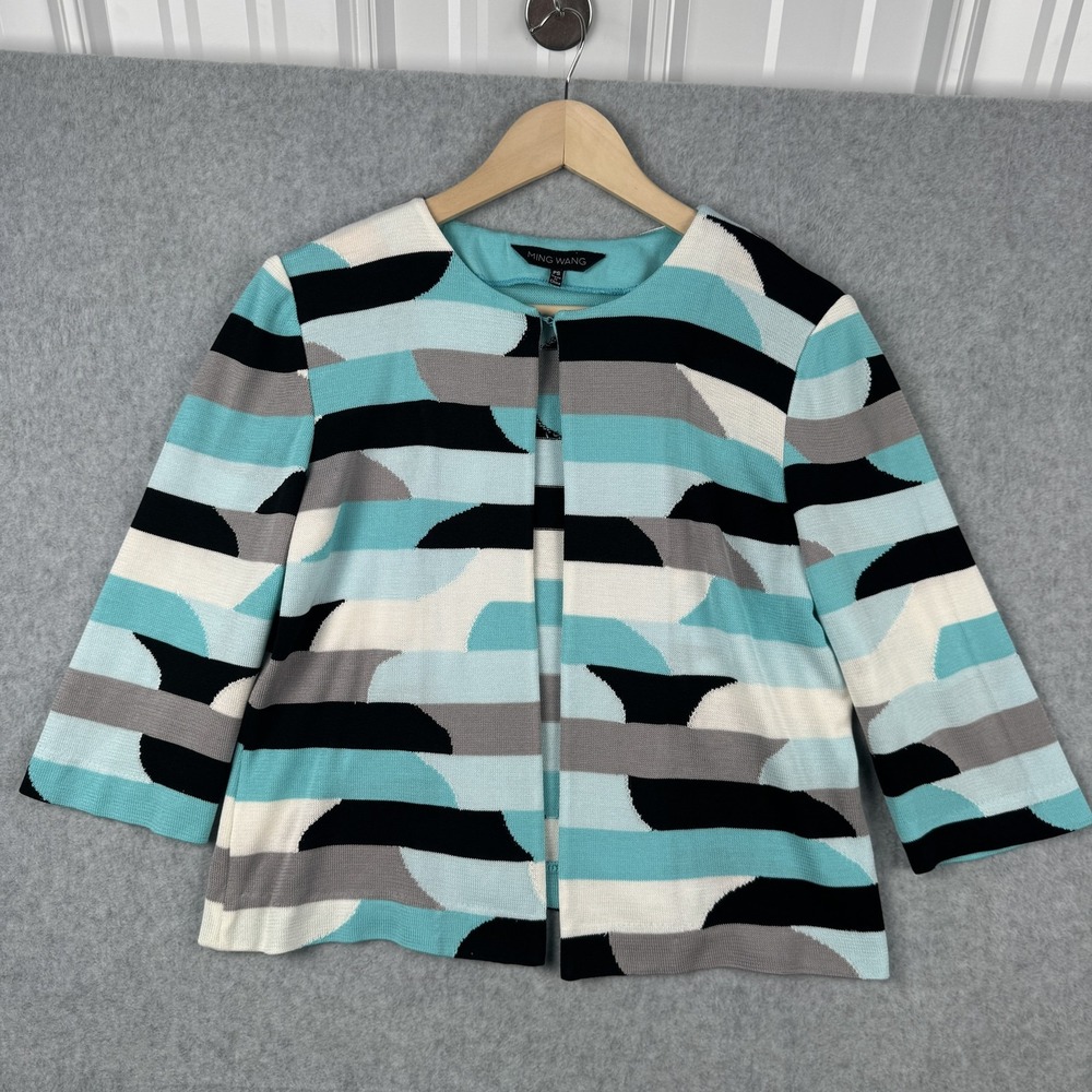 Ming Wang Knit Jacket Women PS Teal Black Grey Geometric Open Front Cardigan